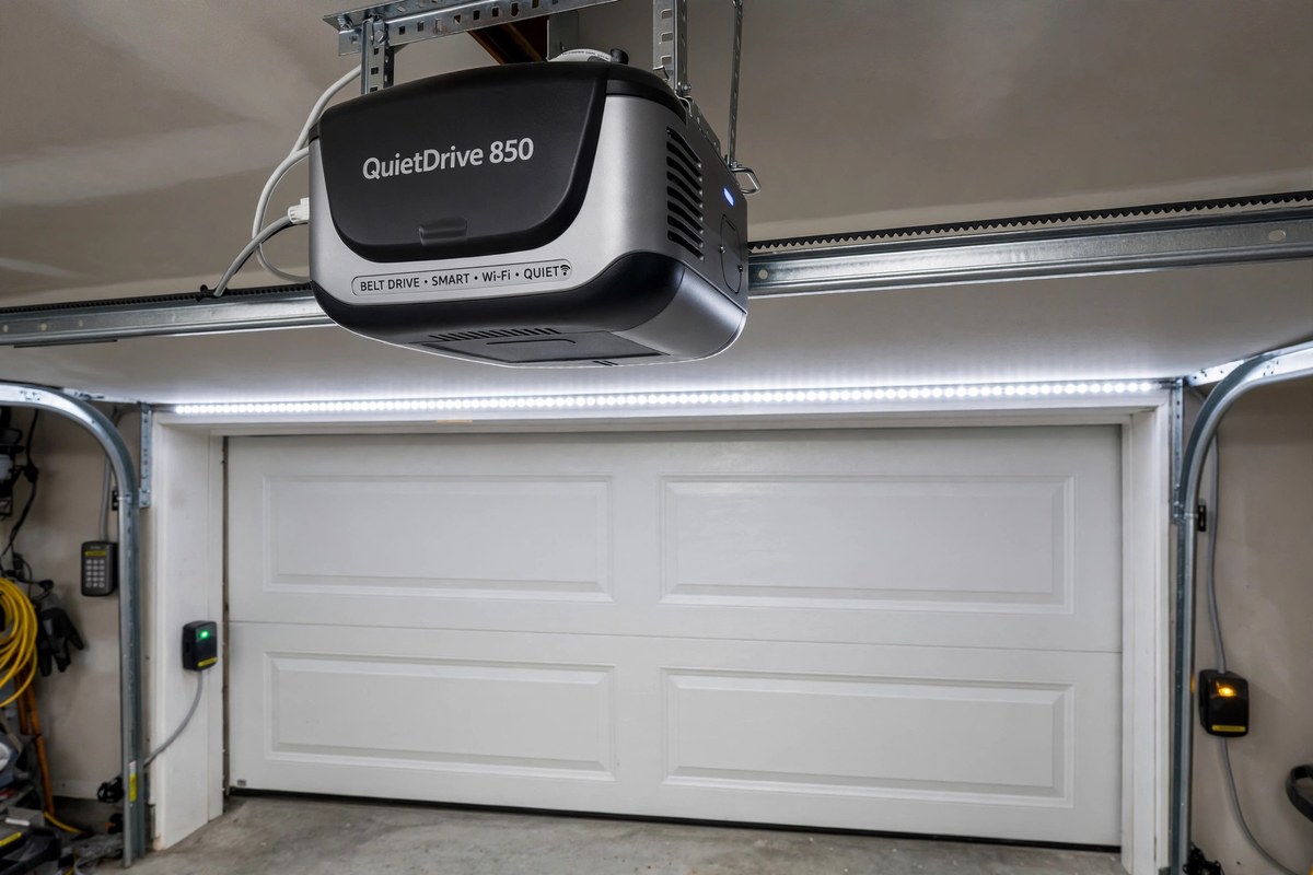 Quiet belt drive smart garage door opener motor with safety sensors above a garage door