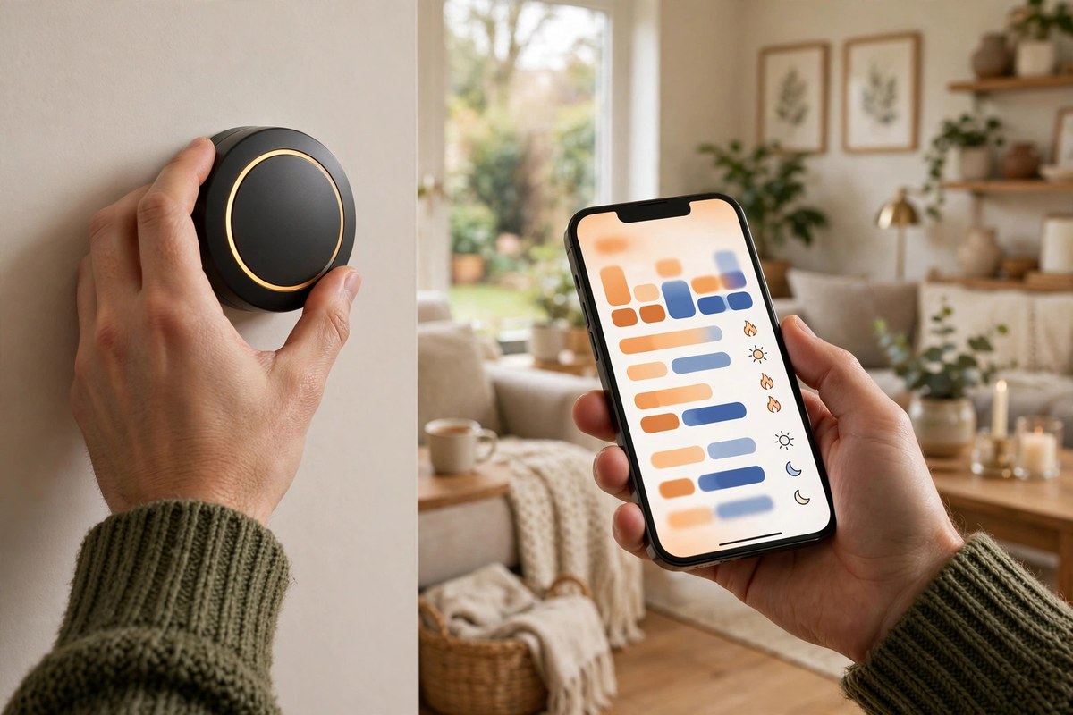 Hand adjusting a smart thermostat on a wall while holding a phone showing the heating schedule