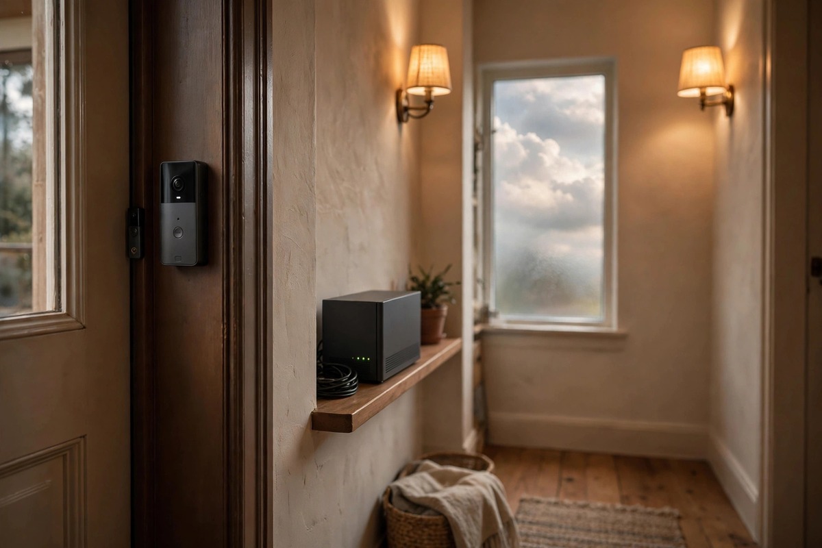 Video doorbell next to a compact local storage device representing subscription-free recording