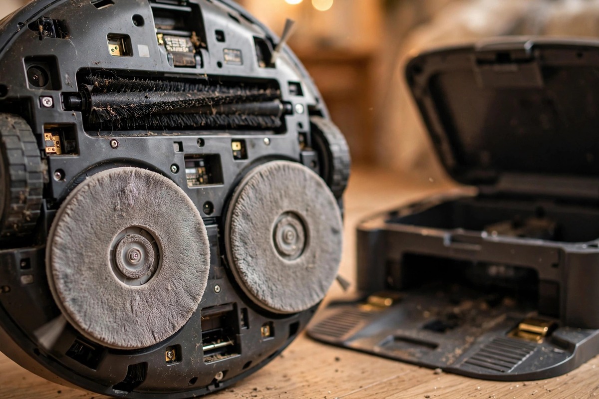 Close-up of a robot vacuum's round mop pads next to an open self-emptying dock base