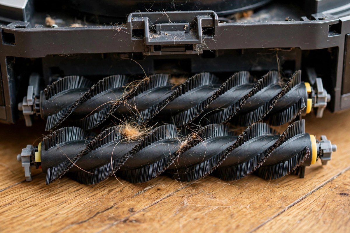 Close-up of twin anti-tangle brush rollers on a robot vacuum being inspected on a wooden floor