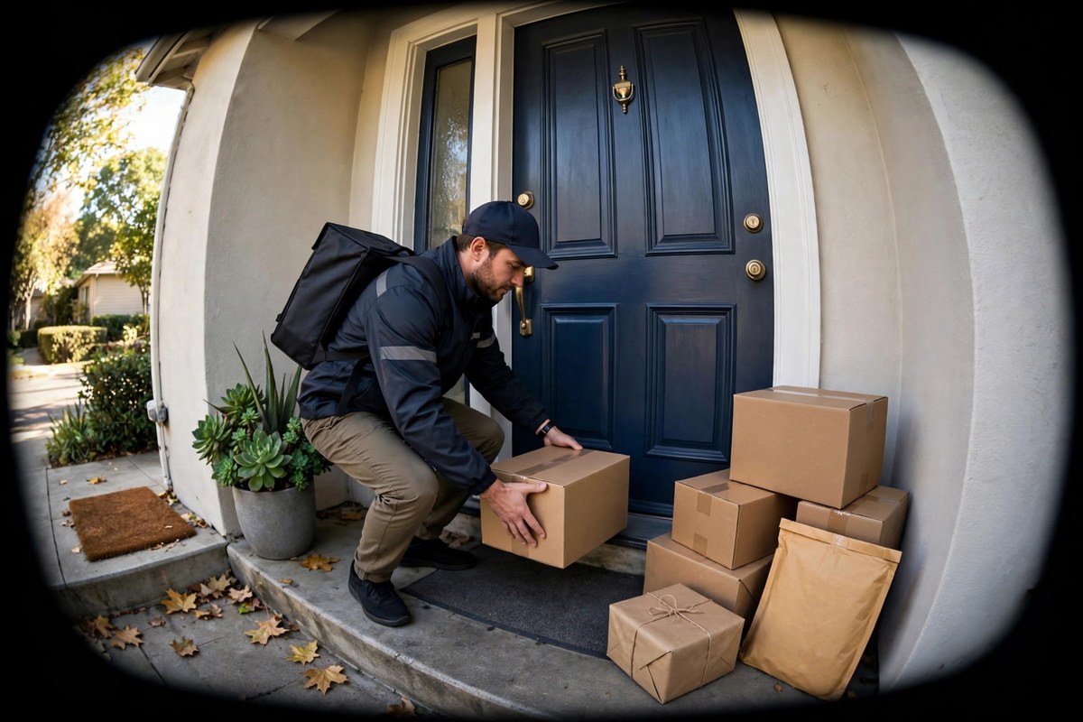 Doorbell camera view of a courier delivering parcels, the scenario that tests whether is Ring worth it without a subscription