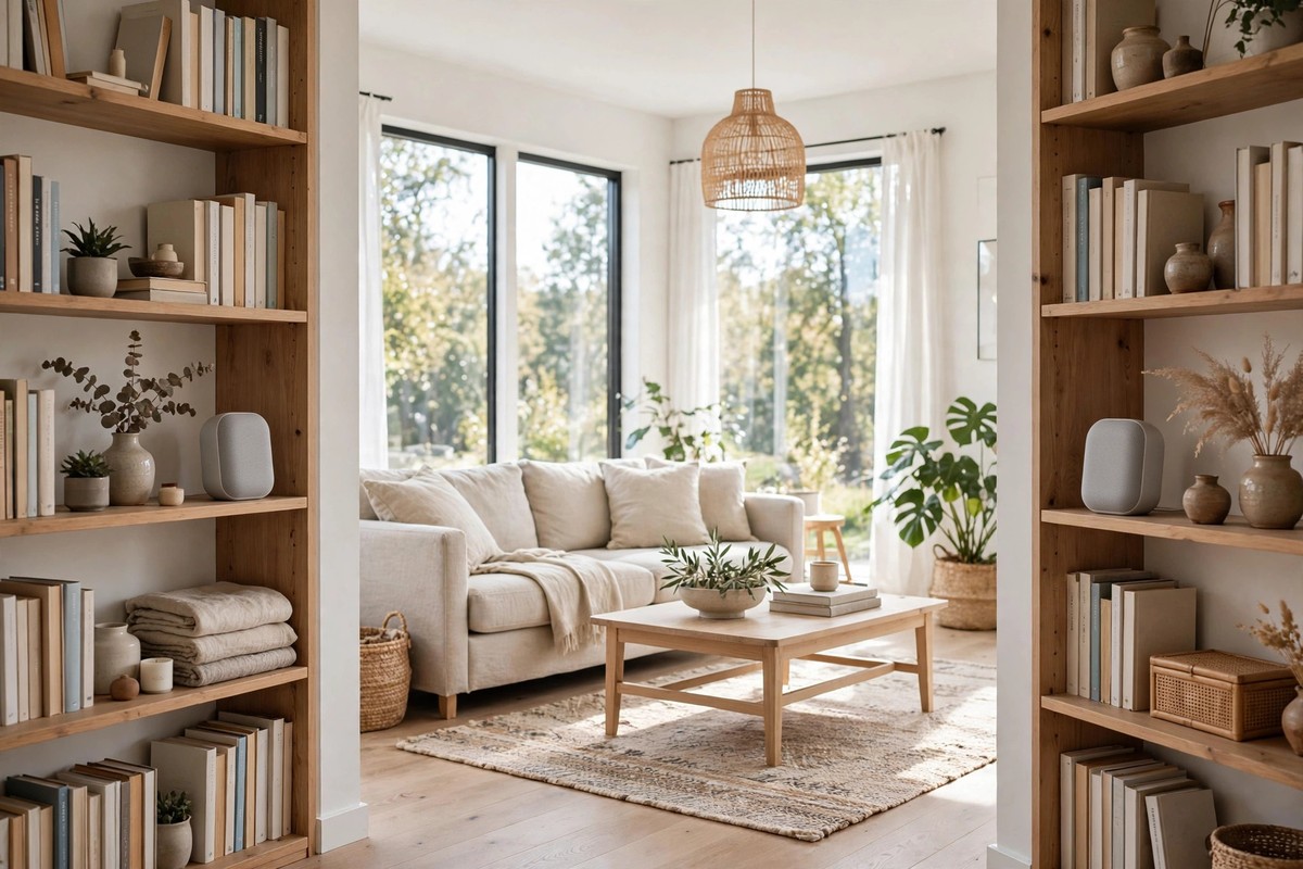Stereo pair of compact smart speakers on bookshelves in a bright modern living room