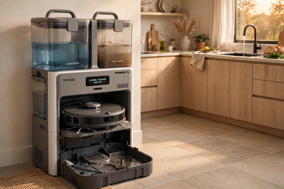 Self-cleaning robot vacuum dock with mop washing station beside kitchen tiles