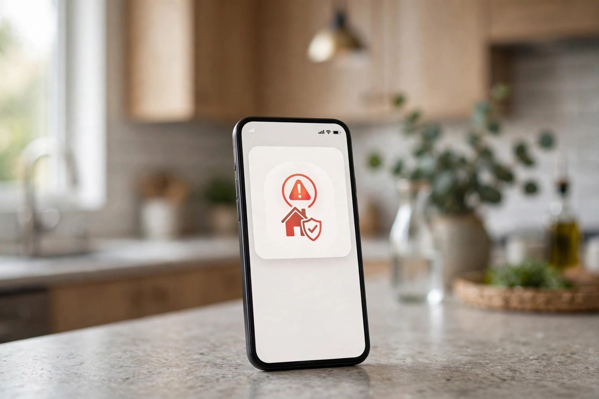 Smartphone showing a smart smoke and CO detector app alert on a kitchen counter