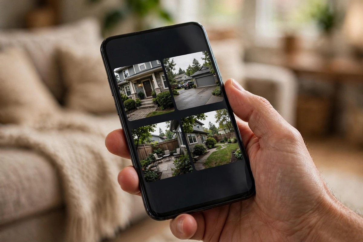 Smartphone showing a security camera app with live feeds, living room couch in background