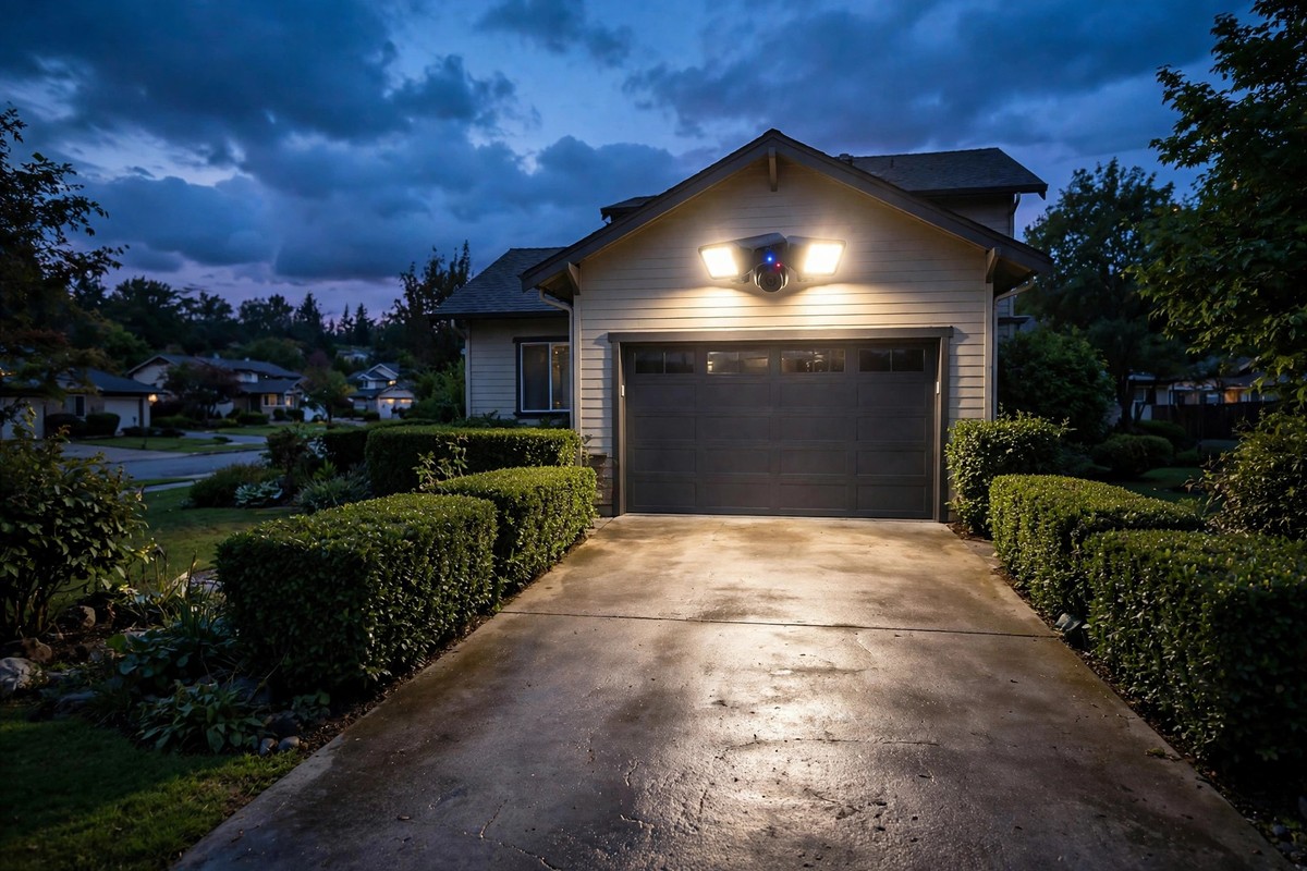 Floodlight security camera glowing above a home garage at dusk