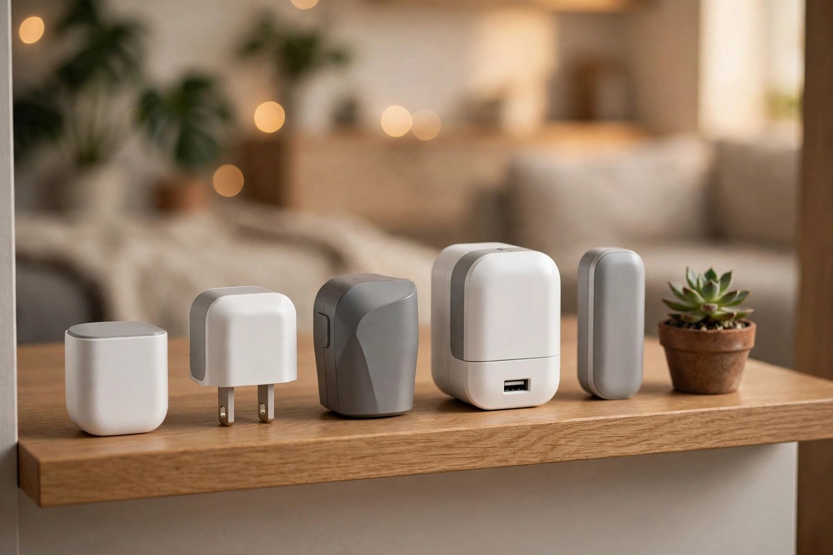 Row of smart plugs of different sizes on a wooden shelf in a smart home