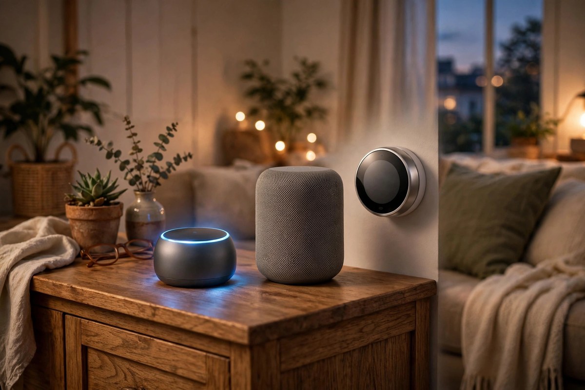 Smart home living room with voice assistant speaker and security camera