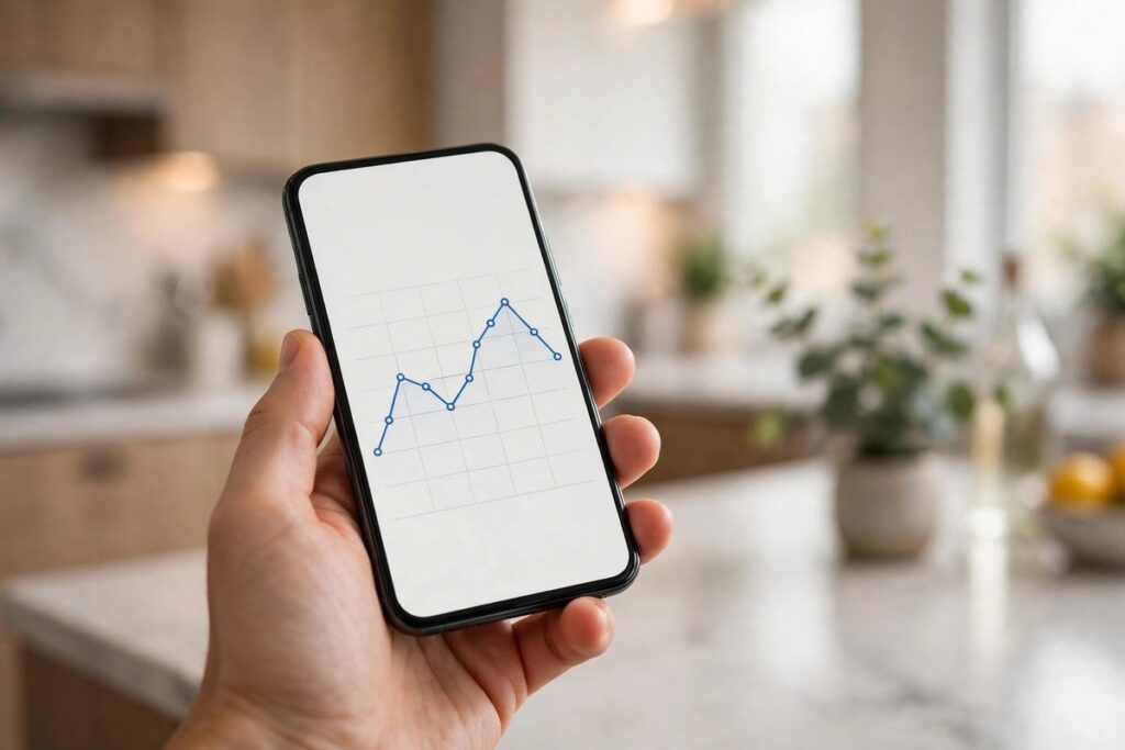 Hand holding a smartphone showing a home energy usage chart in a modern kitchen