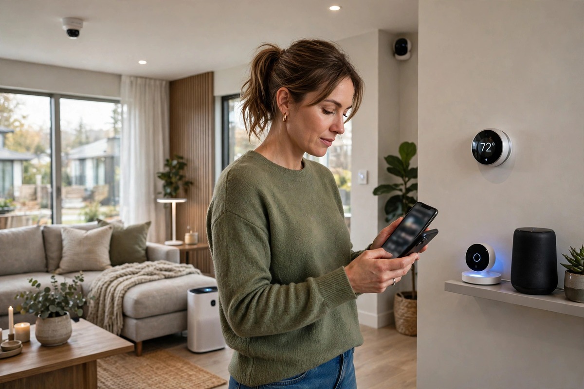 Homeowner checking a smart home budget on a phone while standing in a connected living room