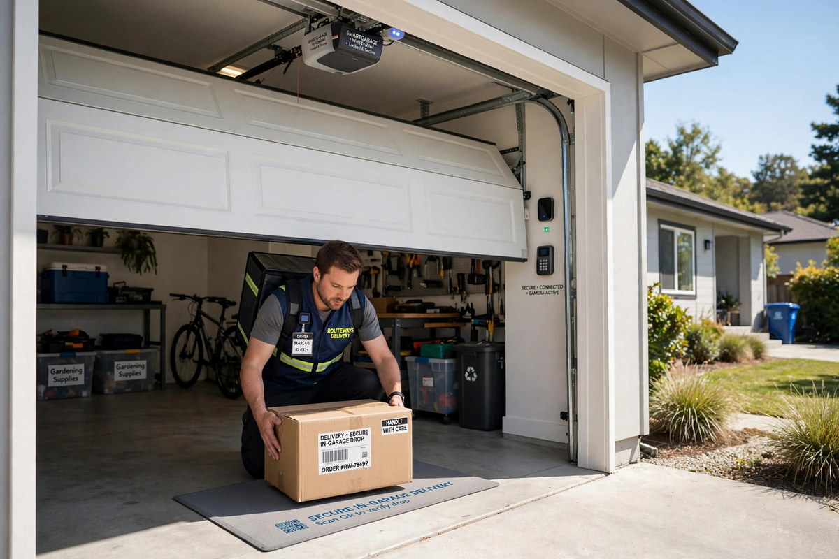 Secure in-garage parcel delivery with a smart garage door partly open
