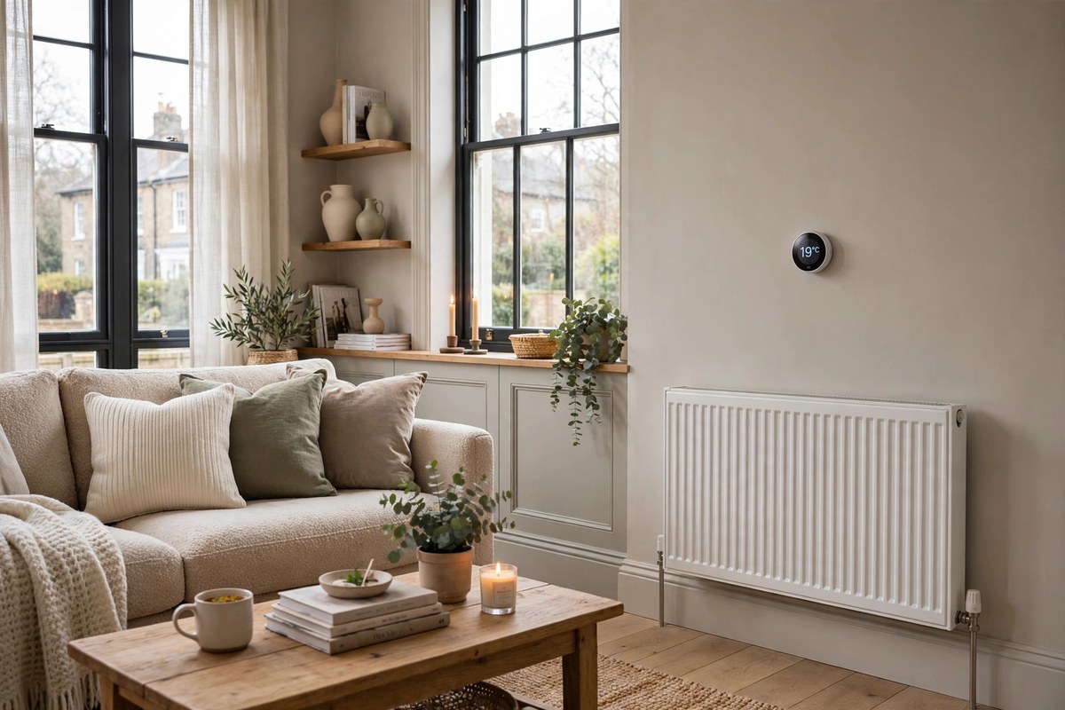 Modern UK living room with a smart thermostat mounted on the wall above a radiator