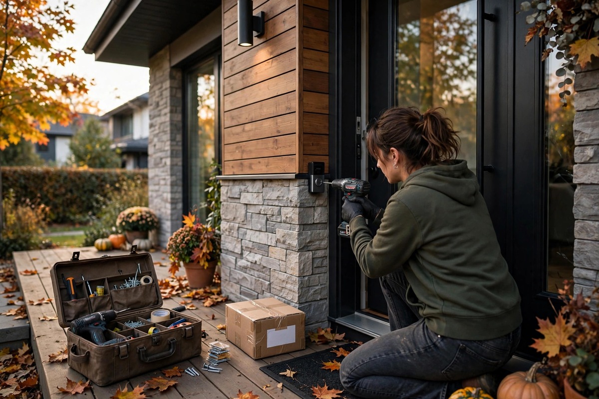 Homeowner installing a video doorbell on a modern front porch