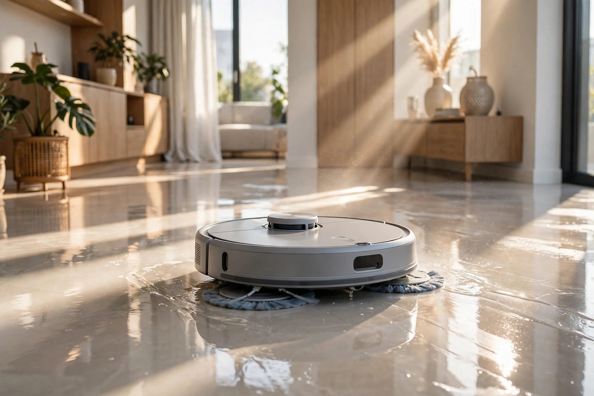 Robot vacuum with spinning mop pads cleaning a glossy hard floor in a sunny apartment