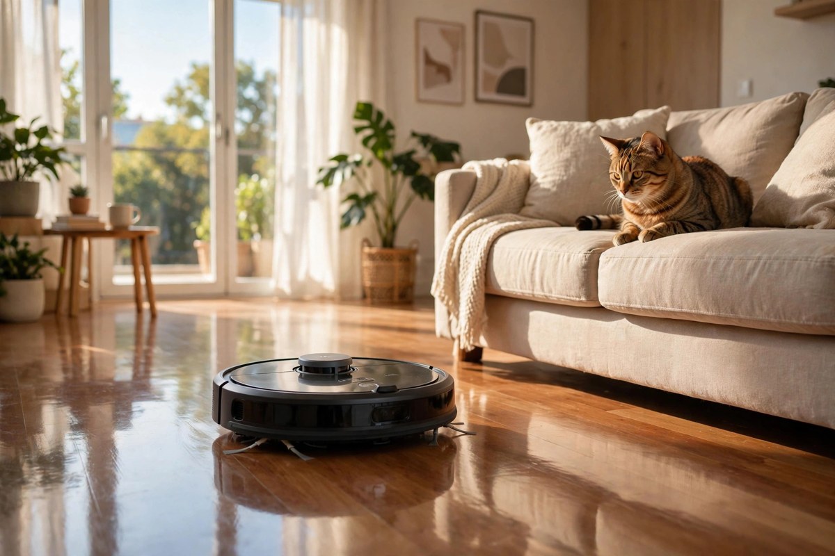 Robot vacuum cleaning a glossy hard floor in a sunny apartment while a tabby cat watches from the sofa