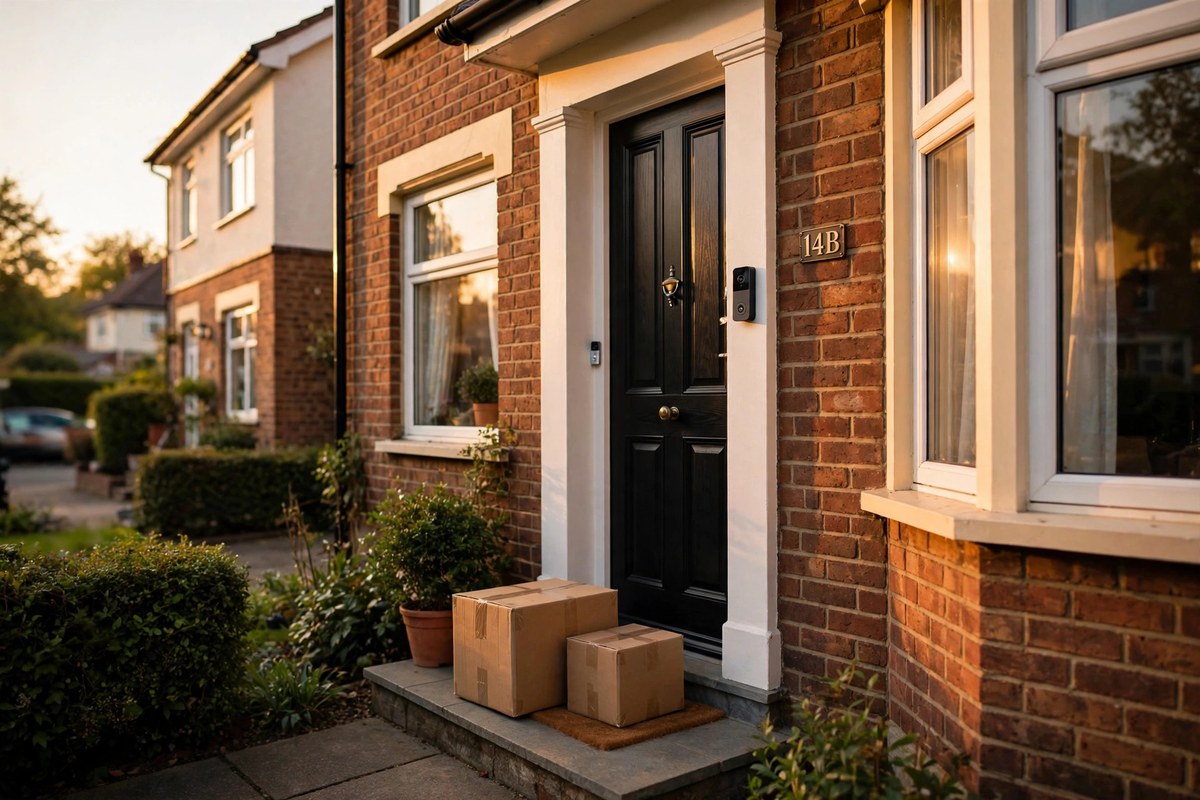 Suburban house at golden hour with a smart doorbell on the front door and parcels on the step