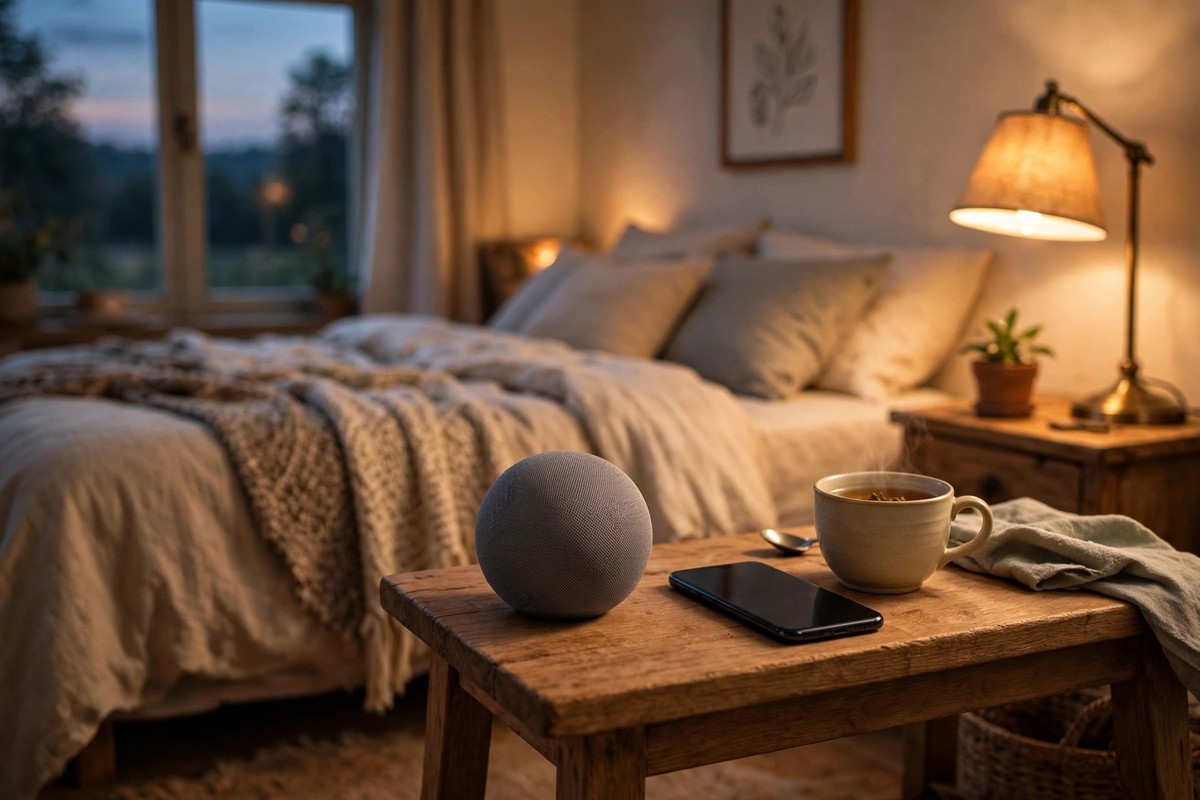 Spherical smart speaker on a bedside table beside a phone in a warm bedroom at dusk