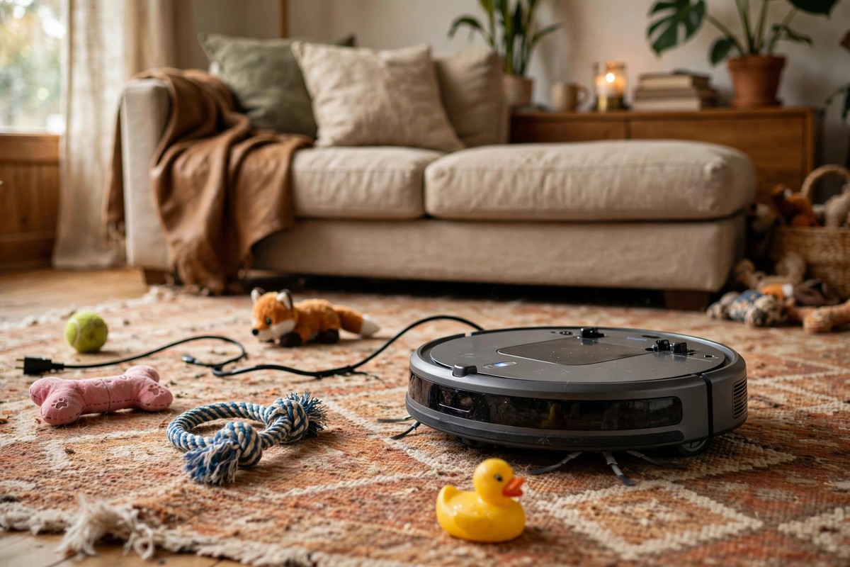 Robot vacuum navigating around pet toys and cables in a lived-in living room