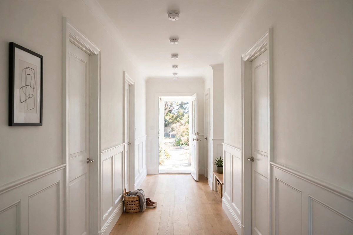 Hallway with several interconnected smart smoke detectors mounted along the ceiling
