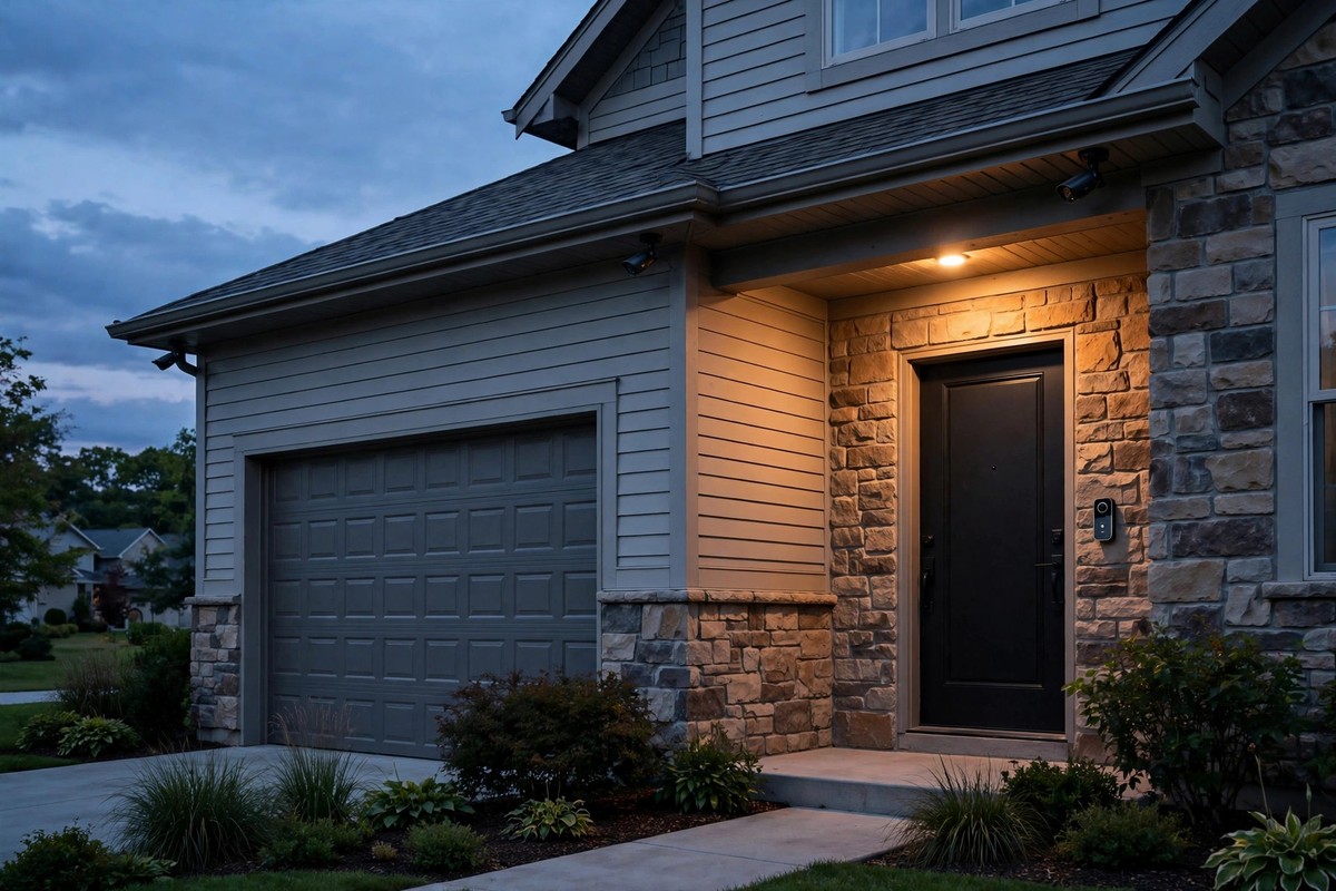 Suburban house at dusk with two outdoor security cameras and a video doorbell installed
